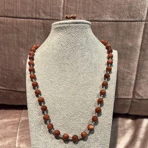 Vintage Sunstone Copper Shimmer Natural Gemstone Beaded Necklace Set Earrings